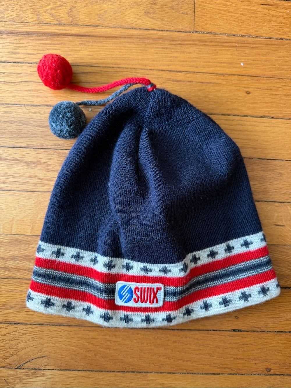 Vintage Swix Sport Norwegian Knit Wool Blend Pom Winter Beanie Hat